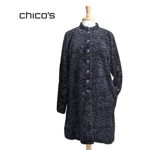CHICO'S Persian Lamb Faux Fur Astrakhan Coat with Mandarin Collar